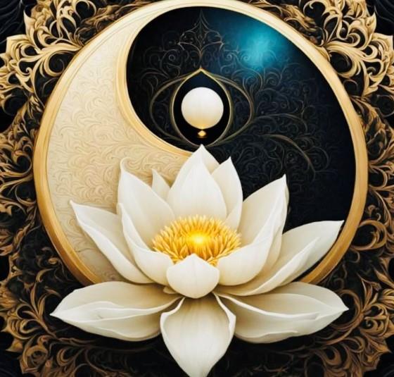 Flor de loto blanca sobre un símbolo del yin y el yang dorado